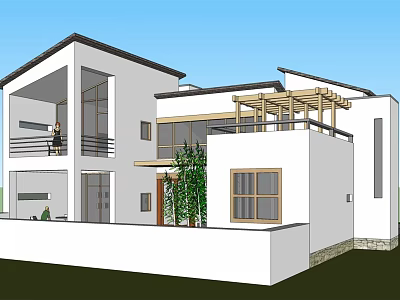 Modern Detached Villa With White Exterior Large Windows Wooden Balcony And Green Plants 3d model