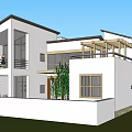 Modern Detached Villa With White Exterior Large Windows Wooden Balcony And Green Plants