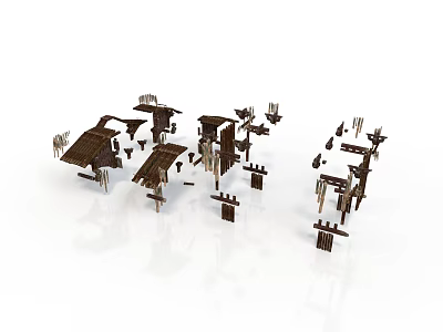 Traditional Architectural Models With Wooden Roofs And Pillar Structures 3d model