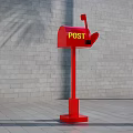 Red Commercial Postbox With POST Sign Against Gray Brick Wall And Ground 3d model