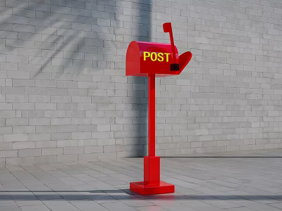 Red Commercial Postbox With POST Sign Against Gray Brick Wall And Ground 3d model