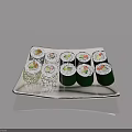Various Types Of Sushi Rolls Served On White Plate With Light Blue Background