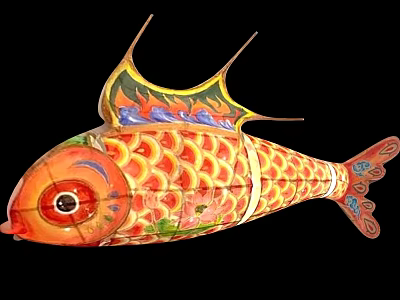 Vibrant Fish Shaped Art Installation With Red Orange Scales And Colorful Decorative Fins 3d model
