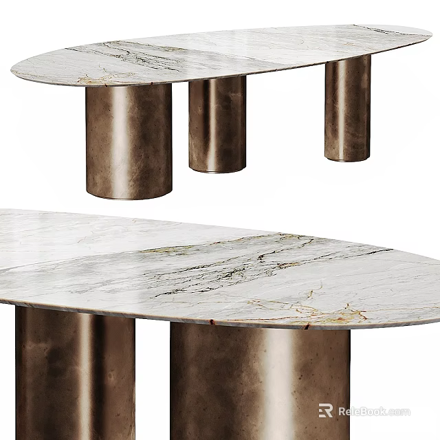 Elegant Oval Dining Table With White Marble Tabletop And Metal Cylindrical Legs 3d model 
