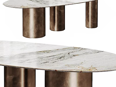Elegant Oval Dining Table With White Marble Tabletop And Metal Cylindrical Legs 3d model