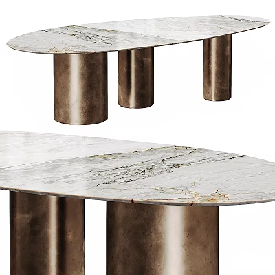 Elegant Oval Dining Table With White Marble Tabletop And Metal Cylindrical Legs 3d model