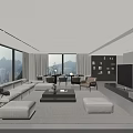 Modern Elegant Open Plan Living And Dining Room With Panoramic City View And Cozy Fireplace