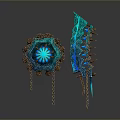 Fantasy Blue Glowing Weapon Set With Golden Decorations Chains And Spikes