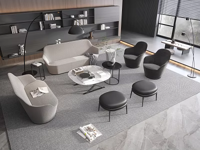 Modern Living Room Sofa Coffee Table Set With Accent Chairs Ottomans And Bookshelves 3d model