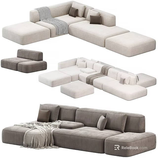Modern Modular Sofa Set With Sectional Design Gray White Cushions And Blanket 3d model