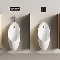 Modern White Ceramic Urinals Mounted On Wall With Wooden Dividers And Water Saving Sign