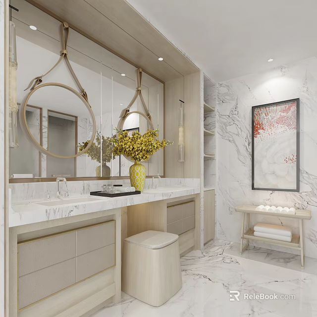 Elegant Hotel Bathroom With Marble Vanity Double Mirrors Yellow Flowers And Decorative Painting 3d model 