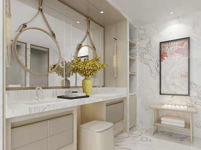 Elegant Hotel Bathroom With Marble Vanity Double Mirrors Yellow Flowers And Decorative Painting 3d model