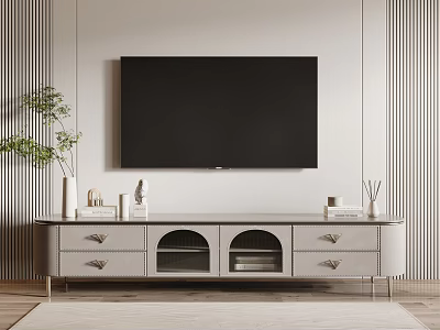 Modern TV Stand With Large Black TV Drawers Arched Cabinets Decorative Vases Books And Aromatherapy 3d model