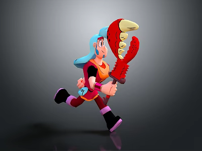 Cartoon Female Character With Blue Hair Running With Red Lobster Claw And Colorful Outfit 3d model