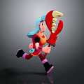 Cartoon Female Character With Blue Hair Running With Red Lobster Claw And Colorful Outfit
