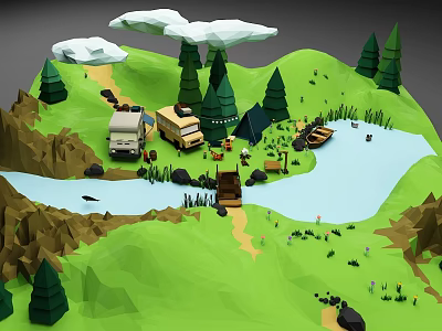 Outdoor Camping Scene With Green Hills Trees River Campers Tents And Boat 3d model