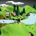 Outdoor Camping Scene With Green Hills Trees River Campers Tents And Boat