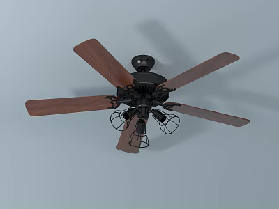 Modern Ceiling Fan With Wooden Blades Black Base And Built in Lights For Home Use 3d model