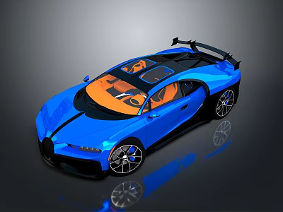 Luxury Blue Bugatti Supercar With Black Roof Orange Interior And Large Rear Spoiler 3d model