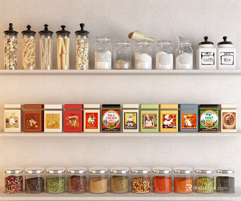 Organized Kitchen Spice Jars On Shelf With Colorful Designs And Labels 3d model 