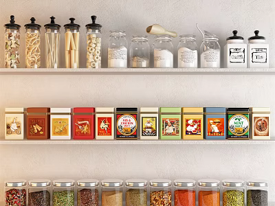 Organized Kitchen Spice Jars On Shelf With Colorful Designs And Labels 3d model