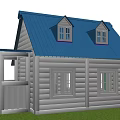 White Wooden House With Blue Roof Dormer Windows Porch Green Lawn And Lake View