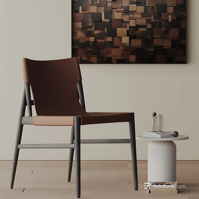 Modern Brown Dining Chair With Metal Frame Decorative Panel And Small Round Table 3d model 