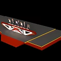 Seven People Standing On Unique Geometric Stage With Red And White Design