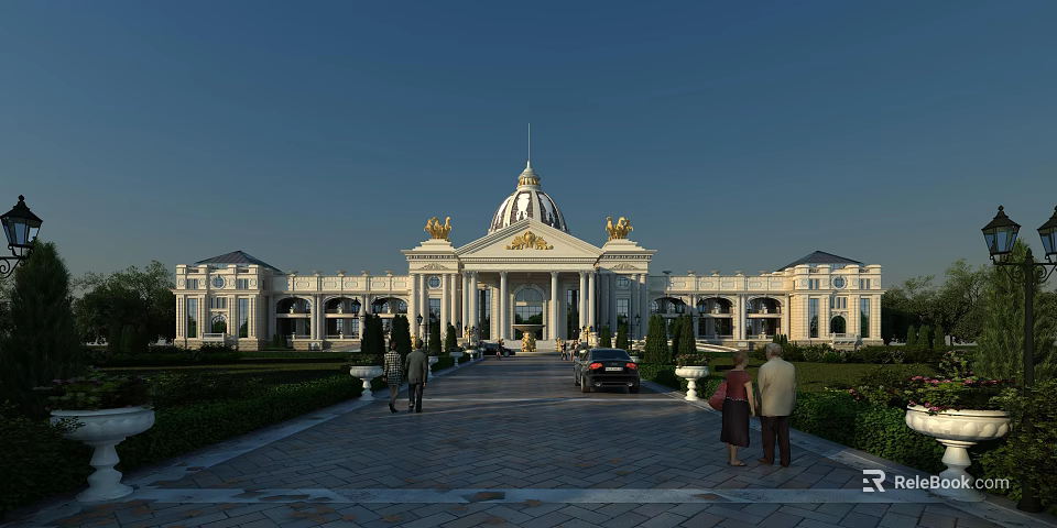 Stunning European Style Architecture With White Facade Dome Golden Accents And Symmetrical Garden Driveway 3d model 