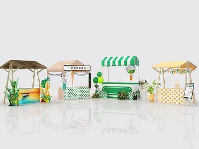 Colorful Street Vendor Stalls With Canopies Plants And Decorative Signs 3d model