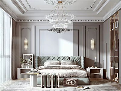 Elegant Bedroom Interior With Tufted Headboard Crystal Chandelier Decorative Walls And Nightstands 3d model