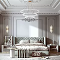 Elegant Bedroom Interior With Tufted Headboard Crystal Chandelier Decorative Walls And Nightstands