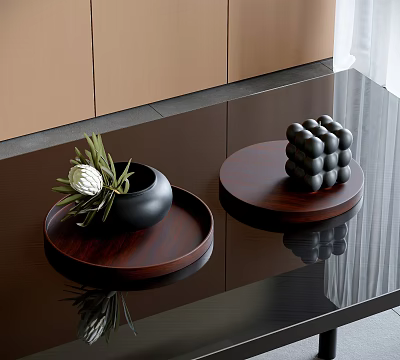 Modern Decorative Ornament Set with Wooden Trays Black Flower Pot and Cube Ornament 3d model