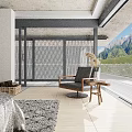 Modern Hotel Room With Lake And Mountain View Fireplace Armchair And Area Rug