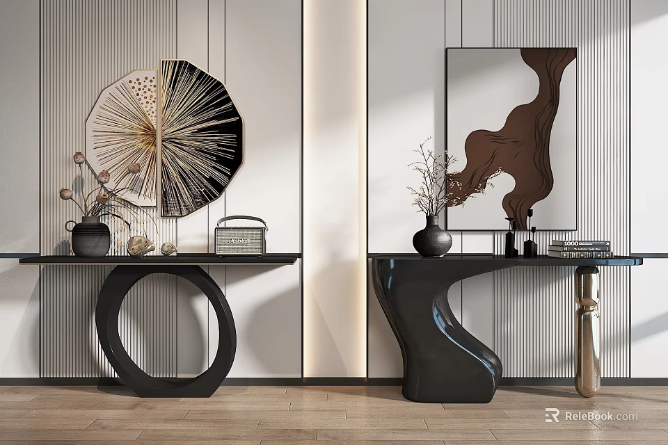Two Stylish Console Tables With Decorative Vases Mirror And Striped Wall Art Decor 3d model 