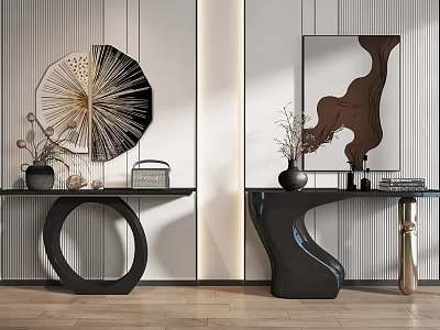 Two Stylish Console Tables With Decorative Vases Mirror And Striped Wall Art Decor 3d model