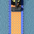 Orange Floating Bridge Over Water With Green Grass Trees And Bulldozer Nearby