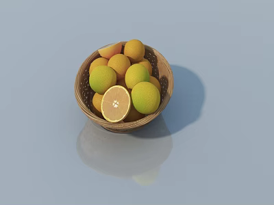 Fresh Ripe Oranges and Lemons in Wooden Bowl with Sliced Orange 3d model