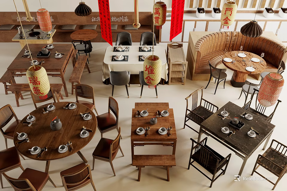 Traditional Restaurant Dining Table and Chair Sets With Wooden Round Square Designs And Hanging Lanterns 3d model 