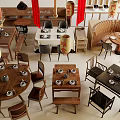 Traditional Restaurant Dining Table and Chair Sets With Wooden Round Square Designs And Hanging Lanterns