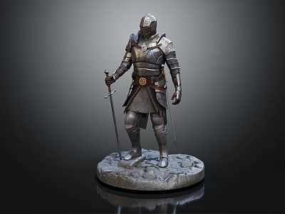 Medieval Armored Knight Statue With Sword Standing On Stone Base 3d model