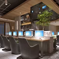 Stylish Modern Internet Cafe Interior With Multiple Computers Comfortable Seats And Wooden Decor 3d model