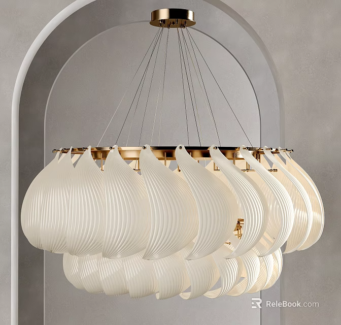 Modern Chandelier With White Ribbed Shades And Golden Brass Frame For Interior Lighting Decor 3d model 