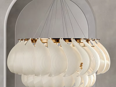 Modern Chandelier With White Ribbed Shades And Golden Brass Frame For Interior Lighting Decor 3d model