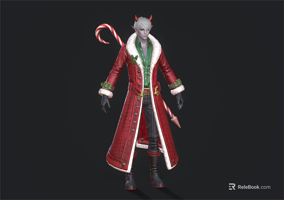 Demon Like Creature Character Wearing Red Christmas Coat With Green Trim And Candy Cane 3d model 