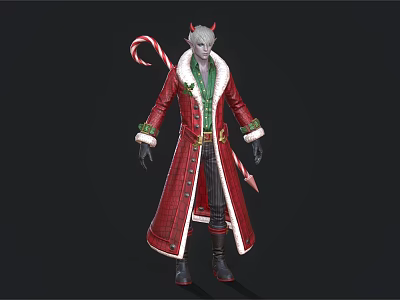 Demon Like Creature Character Wearing Red Christmas Coat With Green Trim And Candy Cane 3d model