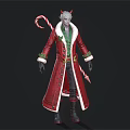 Demon Like Creature Character Wearing Red Christmas Coat With Green Trim And Candy Cane