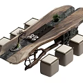 Natural Wooden Tea Table and Upholstered Stools with Black Surface Tea Set and Small Plants