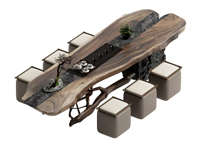 Natural Wooden Tea Table and Upholstered Stools with Black Surface Tea Set and Small Plants 3d model